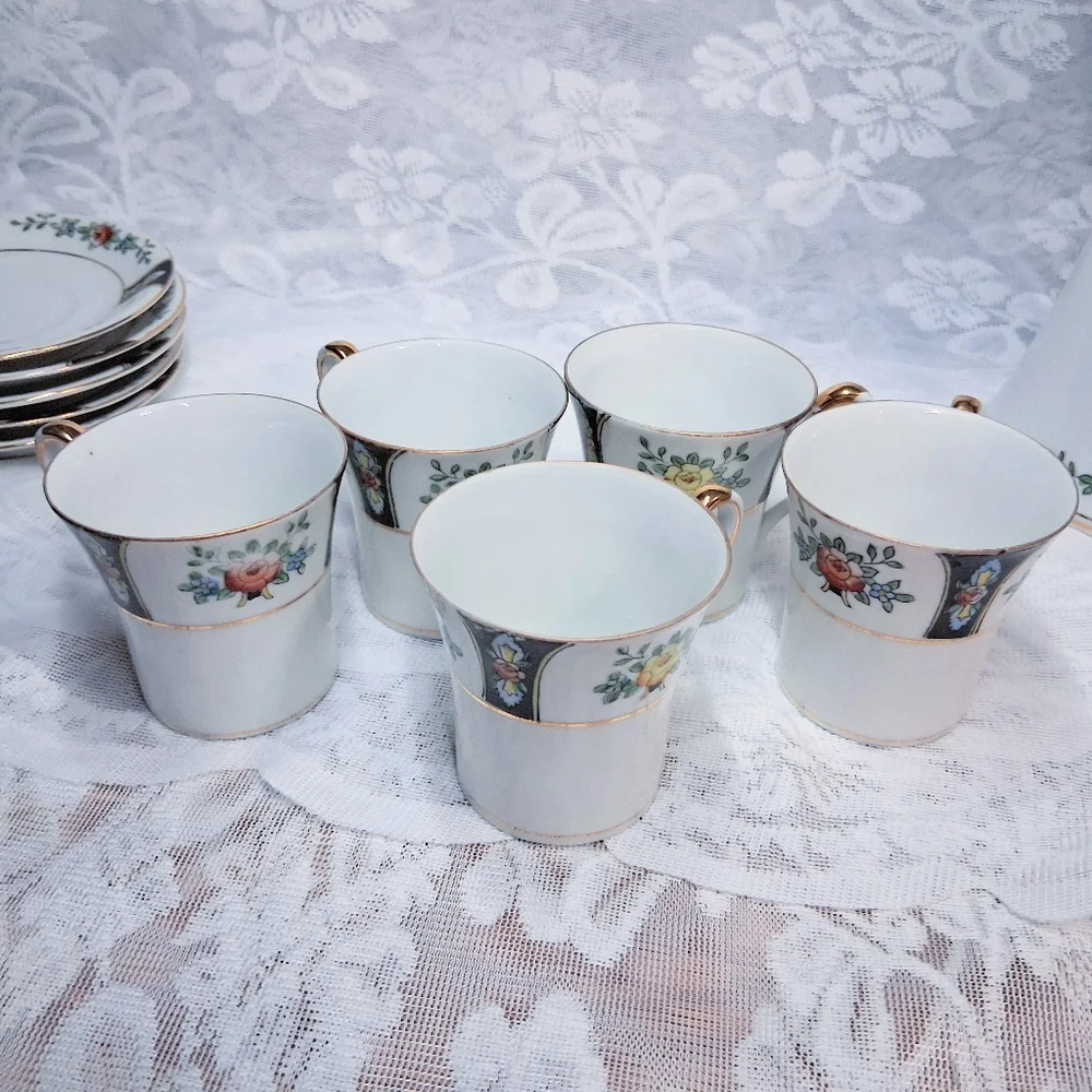 Antique Noritake Coffee Or Chocolate Pot And Service For Five Floral